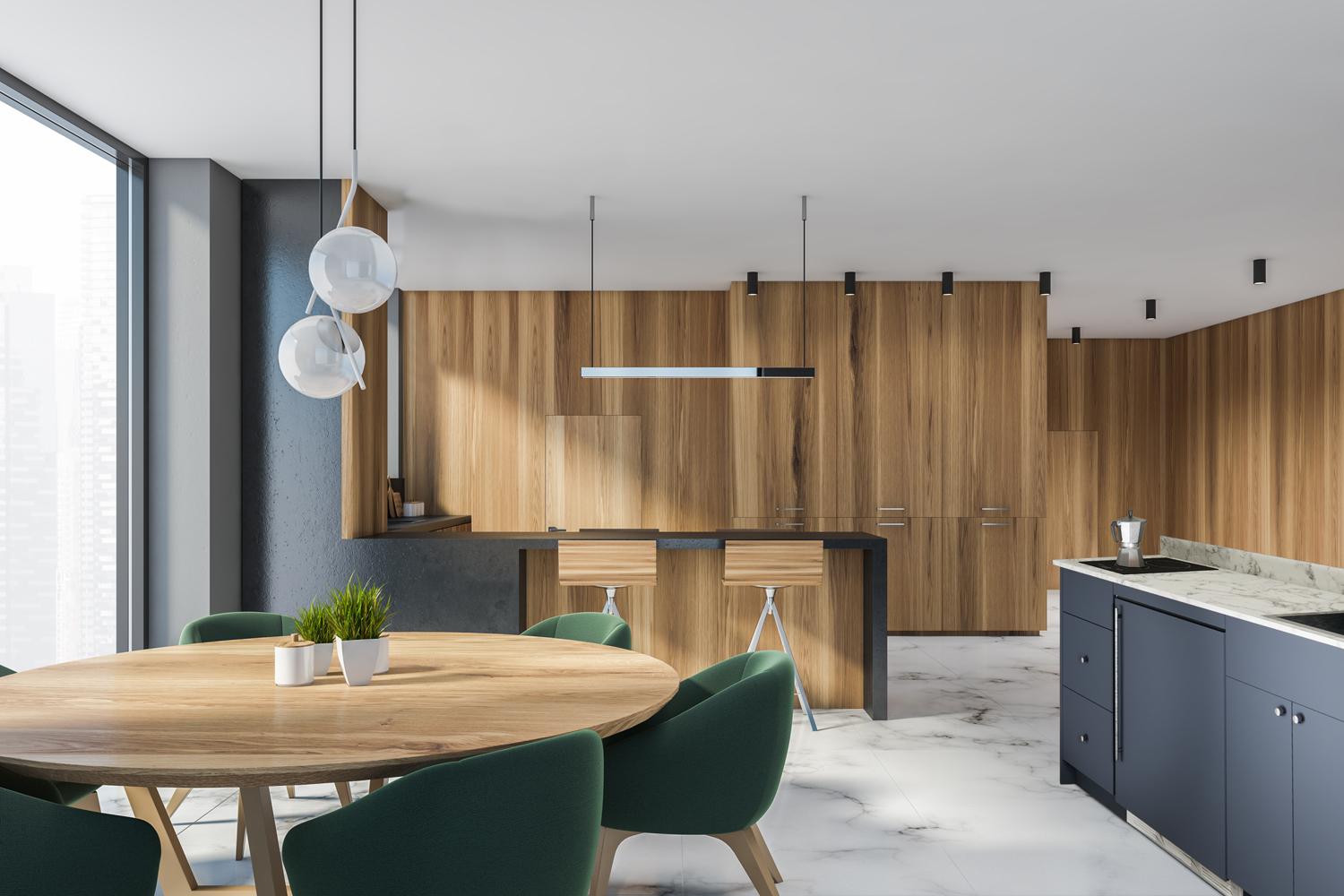 Turnkey Caldera Kitchen featuring pre-assembled cabinetry and countertop in a modern midnight navy finish, complete with ENERGY STAR certified refrigerator-freezer, ENERGY STAR certified 115V induction cooktop, storage drawers, and sink with faucet; ships in two boxes on one pallet